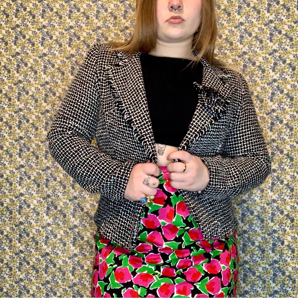 Tweed Vintage 90s/Y2K Black And White Star City Blazer With Flower Pin - Picture 2 of 7